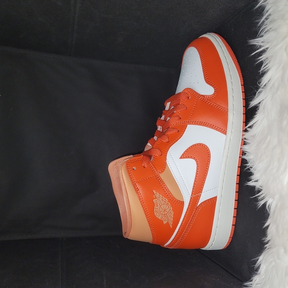 #135 Nike Air Jordan 1 Mid Orange and White Sneakers - Picture 1 of 7